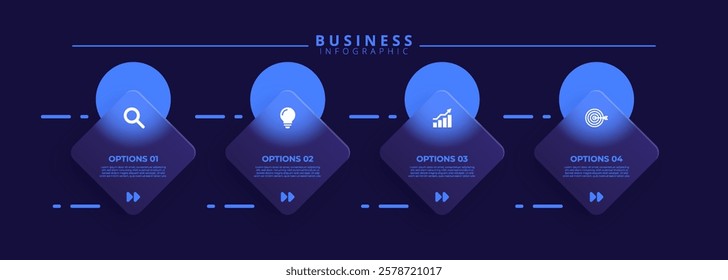 Infographic label design template featuring icons and four distinct steps. Ideal for process charts, presentation slides, workflow schemes, banners, flow diagrams, and data visualizations.