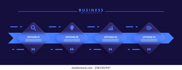 Infographic label design template featuring icons and four distinct steps. Ideal for process charts, presentation slides, workflow schemes, banners, flow diagrams, and data visualizations.