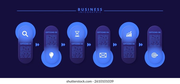 Infographic label design template featuring icons and six distinct steps. Ideal for process charts, presentation slides, workflow schemes, banners, flow diagrams, and data visualizations.