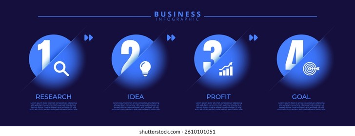 Infographic label design template featuring icons and four distinct steps. Ideal for process charts, presentation slides, workflow schemes, banners, flow diagrams, and data visualizations.
