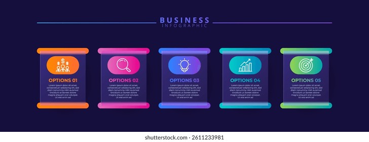 Infographic label design template featuring icons and five distinct steps. Ideal for process charts, presentation slides, workflow schemes, banners, flow diagrams, and data visualizations.