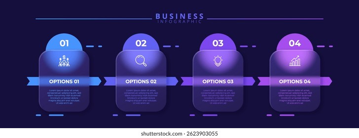 Infographic label design template featuring icons and four distinct steps. Ideal for process charts, presentation slides, workflow schemes, banners, flow diagrams, and data visualizations.