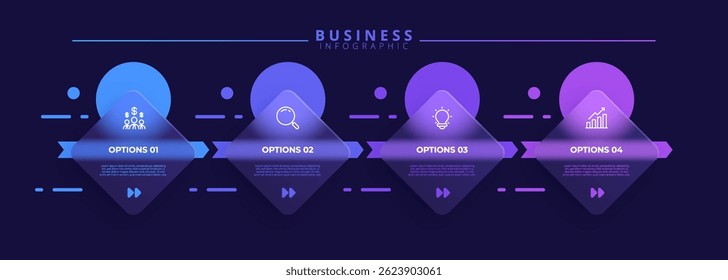 Infographic label design template featuring icons and four distinct steps. Ideal for process charts, presentation slides, workflow schemes, banners, flow diagrams, and data visualizations.