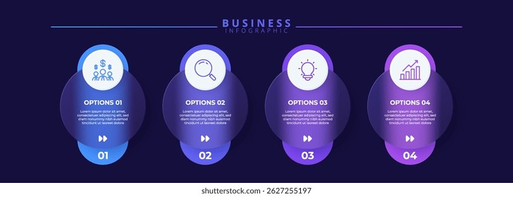 Infographic label design template featuring icons and four distinct steps. Ideal for process charts, presentation slides, workflow schemes, banners, flow diagrams, and data visualizations.