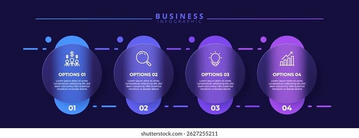 Infographic label design template featuring icons and four distinct steps. Ideal for process charts, presentation slides, workflow schemes, banners, flow diagrams, and data visualizations.