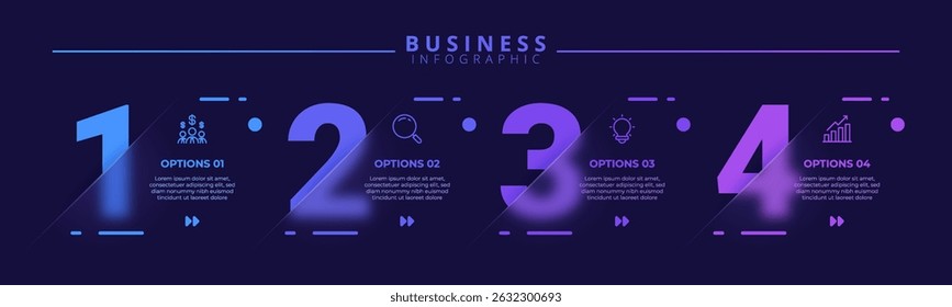 Modelo de design de rótulo infográfico com ícones e quatro etapas distintas. Ideal para gráficos de processo, slides de apresentação, esquemas de fluxo de trabalho, banners, diagramas de fluxo e visualizações de dados.