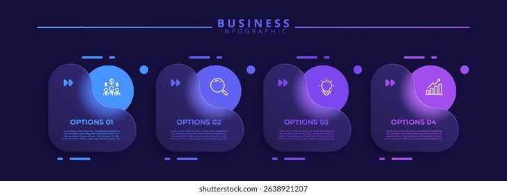 Infographic label design template featuring icons and four distinct steps. Ideal for process charts, presentation slides, workflow schemes, banners, flow diagrams, and data visualizations.