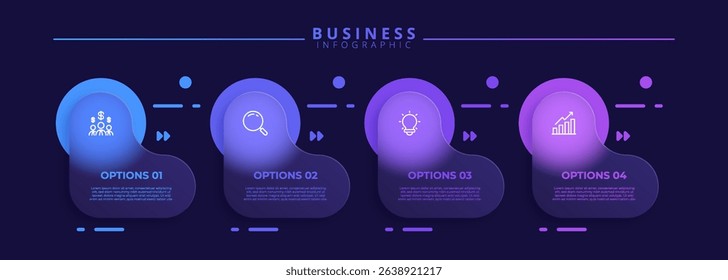 Infographic label design template featuring icons and four distinct steps. Ideal for process charts, presentation slides, workflow schemes, banners, flow diagrams, and data visualizations.