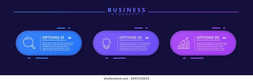 Infographic label design template featuring icons and three distinct steps. Ideal for process charts, presentation slides, workflow schemes, banners, flow diagrams, and data visualizations.