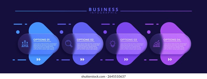 Infographic label design template featuring icons and four distinct steps. Ideal for process charts, presentation slides, workflow schemes, banners, flow diagrams, and data visualizations.