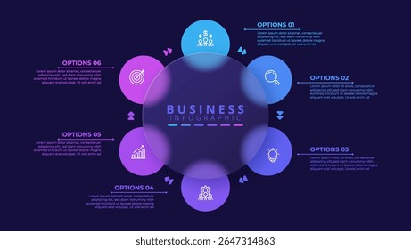 Infographic label design template featuring icons and six distinct steps. Ideal for process charts, presentation slides, workflow schemes, banners, flow diagrams, and data visualizations.