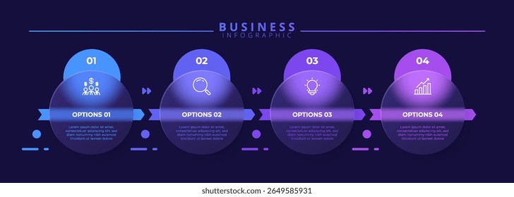 Infographic label design template featuring icons and four distinct steps. Ideal for process charts, presentation slides, workflow schemes, banners, flow diagrams, and data visualizations.