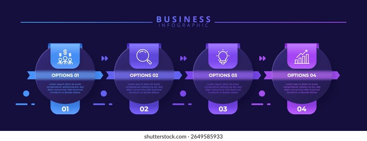 Infographic label design template featuring icons and four distinct steps. Ideal for process charts, presentation slides, workflow schemes, banners, flow diagrams, and data visualizations.