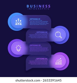 Infographic label design template featuring icons and four distinct steps. Ideal for process charts, presentation slides, workflow schemes, banners, flow diagrams, and data visualizations.