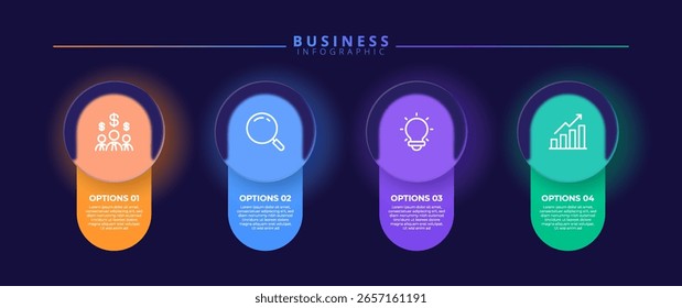 Modelo de design de rótulo infográfico com ícones e quatro etapas distintas. Ideal para gráficos de processo, slides de apresentação, esquemas de fluxo de trabalho, banners, diagramas de fluxo e visualizações de dados.