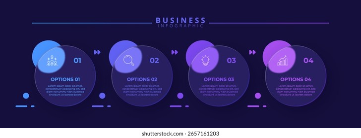 Infographic label design template featuring icons and four distinct steps. Ideal for process charts, presentation slides, workflow schemes, banners, flow diagrams, and data visualizations.