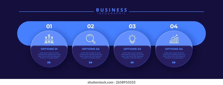 Modelo de design de rótulo infográfico com ícones e quatro etapas distintas. Ideal para gráficos de processo, slides de apresentação, esquemas de fluxo de trabalho, banners, diagramas de fluxo e visualizações de dados.