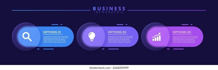Infographic label design template featuring icons and three distinct steps. Ideal for process charts, presentation slides, workflow schemes, banners, flow diagrams, and data visualizations.