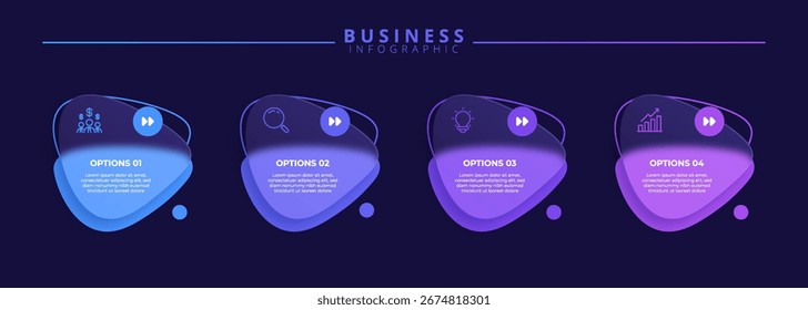Infographic label design template featuring icons and four distinct steps. Ideal for process charts, presentation slides, workflow schemes, banners, flow diagrams, and data visualizations.