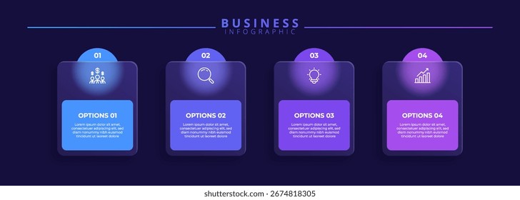 Plantilla de diseño de etiquetas infográficas con iconos y cuatro pasos distintos. Ideal para gráficos de procesos, diapositivas de presentaciones, esquemas de flujo de trabajo, Anuncios, diagramas de flujo y visualizaciones de datos.
