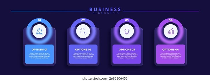 Plantilla de diseño de etiquetas infográficas con iconos y cuatro pasos distintos. Ideal para gráficos de procesos, diapositivas de presentaciones, esquemas de flujo de trabajo, Anuncios, diagramas de flujo y visualizaciones de datos.