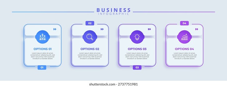Infographic label design template featuring icons and four distinct steps. Ideal for process charts, presentation slides, workflow schemes, banners, flow diagrams, and data visualizations.