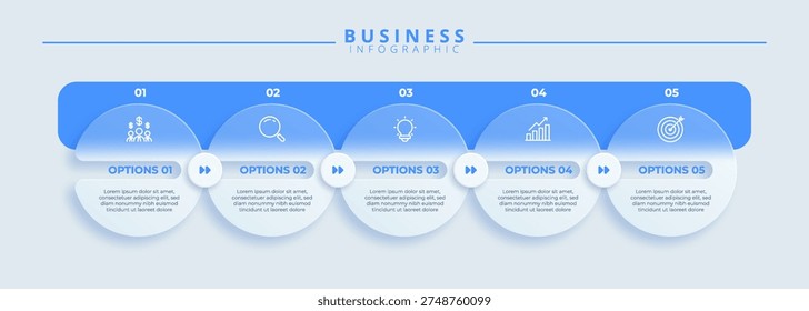 Infographic label design template featuring icons and 5 distinct steps. Ideal for process charts, presentation slides, workflow schemes, banners, flow diagrams, and data visualizations.