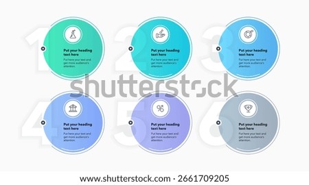 Infographic label design template with six options or steps. Flat circular process diagram with numbers and icons for workflow layout, presentation or web design.