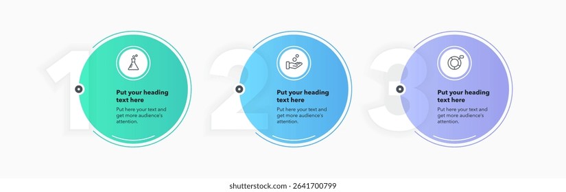 Infographic label design template with three options or steps. Flat circular process diagram with numbers and icons for workflow layout, presentation or web design.