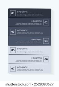 Infographic label template, 7 steps, timeline journey, table of contents, flow charts, presentations, web sites, banners, printed materials.