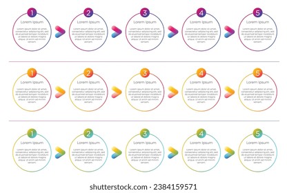 Infographic label template with five step icons and text box, Colorful, Fluid design, with gradation or gradient. For presentations, infographics, flowcharts. 