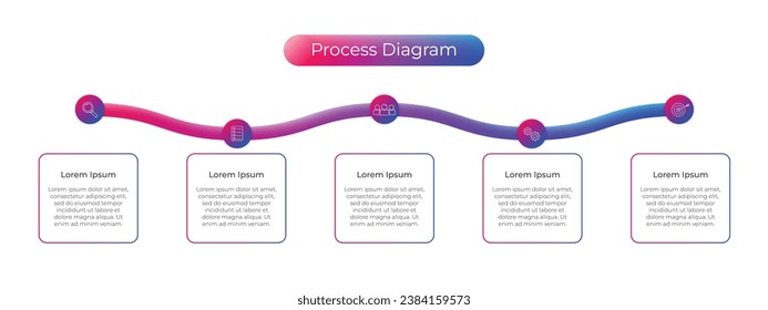 Infographic label template with five step icons and text box, Colorful, Fluid design, with gradation or gradient. For presentations, infographics, flowcharts. 