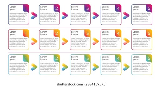 Infographic label template with five step icons and text box, Colorful, Fluid design, with gradation or gradient. For presentations, infographics, flowcharts. 
