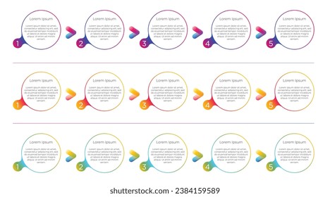 Infographic label template with five step icons and text box, Colorful, Fluid design, with gradation or gradient. For presentations, infographics, flowcharts. 