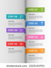 Infographic labels in the book design template. Timeline with 7 steps to success. Business presentation. Vector illustration.