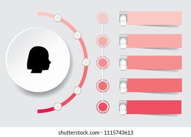 Infographic labels as a circle with a silhouette of woman with small circles on the red semicircle around. For your text you can use another rectangles in graduated shades of red color.  