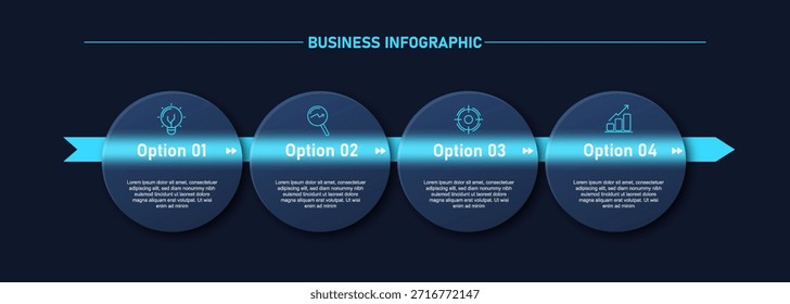 Diseño de etiquetas infográficas con iconos con 4 opciones o pasos en un estilo limpio y moderno sobre fondo oscuro. Adecuado para diagramas de procesos, presentaciones comerciales, diseños de flujos de trabajo, Anuncios, diagramas de flujo, líneas de tiempo y visualización de datos.