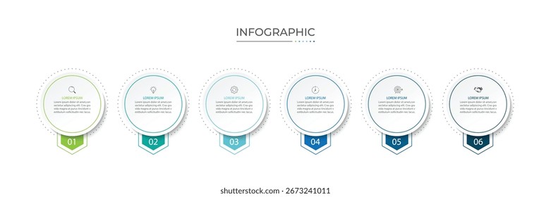 Infographic labels with icons and 6 options or steps. Suitable for process diagrams, presentations, workflow layouts, banners, flowcharts, and infographics.