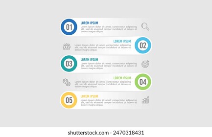 Infografik-Labels listen Design-Vorlage. 5 Optionen oder Prozess zum Erfolg. Präsentation, Projekt, Banner, Marketing und Workflow. Vektorillustration.