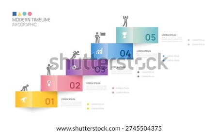 Infographic ladder connected labels 5 steps to success growth template. Business process. Vector illustration.	