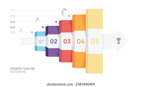 Infographic ladder labels arrow connected 5 steps to success growth template. Business process. Vector illustration.