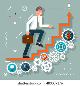 Infographic Ladder Stairs Businessman Goes Success Symbol Gears icons Flat Design Vector Illustration