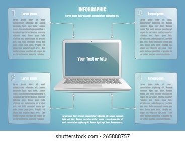 Infographic with laptop and 4 options. Vector illustration for presentation, posters, banners, documents and web design