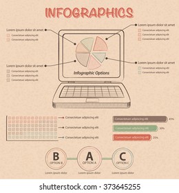 Infographic with Laptop, Pie Chart, Bar Chart and Design Elements