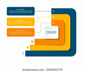 Infografía de Plantilla concéntrica en capas con 3 pasos. Gráfico de proceso, diagrama de ciclo, Anuncio de Vector para presentación, informe, folleto, Web, visualización de datos.