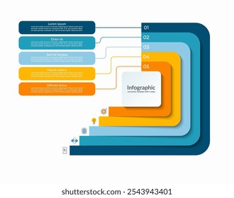 Template concentrique en couches infographiques à 5 étapes. Graphique de processus, diagramme de cycle, bannière d'Image vectorielle pour la présentation, rapport, brochure, web, visualisation de données.