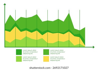 Infographic of layered data trends over time. Different colored areas representing various categories. Each layer indicating changes in values across timeline, providing clear insights