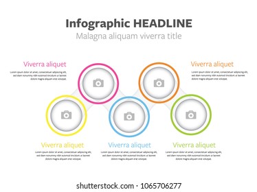 An infographic layout with 5 colored border circles and photo place inside.
