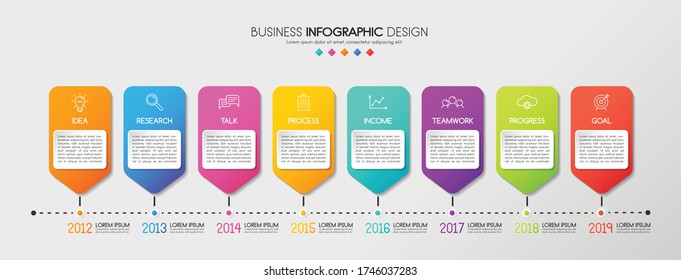 Infographic layout with 8 options. Timeline with business icons. Vector