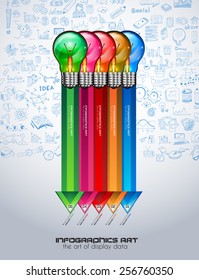 Infographic Layout for Brainstorming Concept background with graphs sketches. A lot of hand drawn infographics and related design elements are included plus 3D glossy lamp.